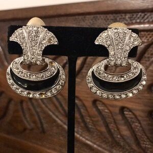 Vintage Rhinestone Black Enamel Clip Earrings